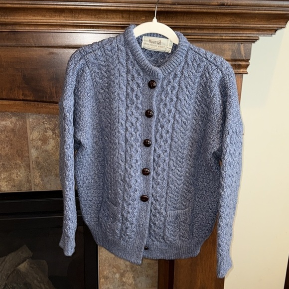Aran sweater market Irish wool blue chunky knit cardigan sweater XL runs small - Picture 2 of 16